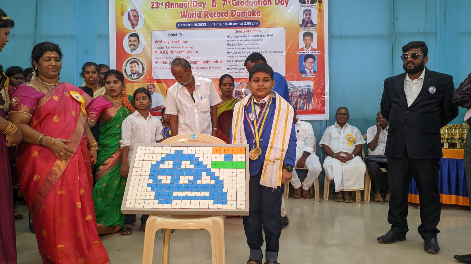 World record by arranging 104 number of 2*2 Rubik's Cube  in the formation of Gandhiji's Chakra in least time.